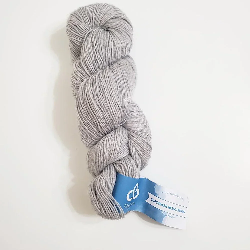 Cloudborn Fibers Superwash Merino Wool Fingering Yarn Grey Heather 100g 351m